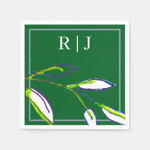 Monogram Sage Green Leaf Art Dusty Blue Wedding Serviette