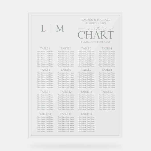 Monogram Sage Green Modern Wedding Seating Chart Acrylschild (Vorderseite)