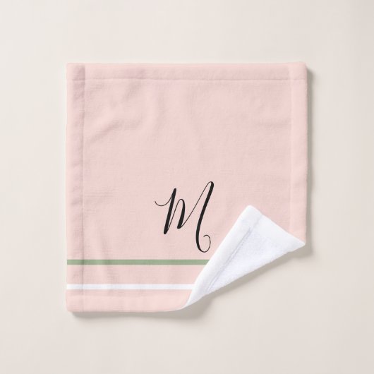 Monogram Sage Green Pink White Stripes Badhandtuch Set (Waschlappen)