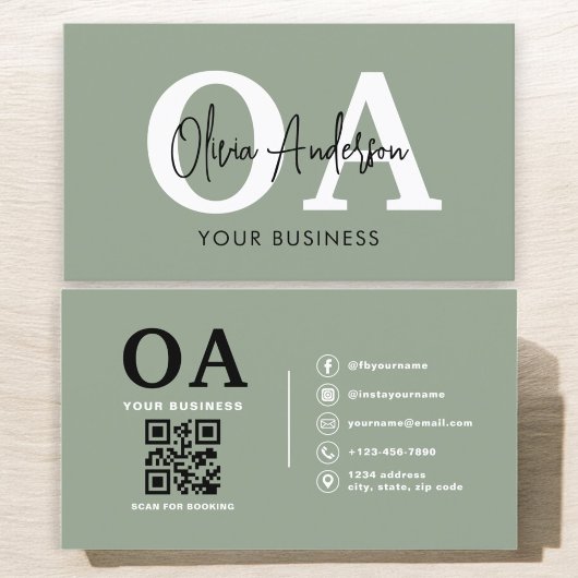 Monogram Sage Green QR Code Modern Minimalistisch Visitenkarte