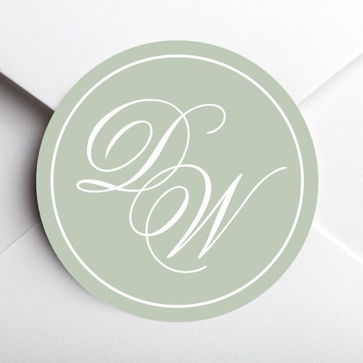 Monogram Sage Green Simple White Script 2 Initiale Runder Aufkleber