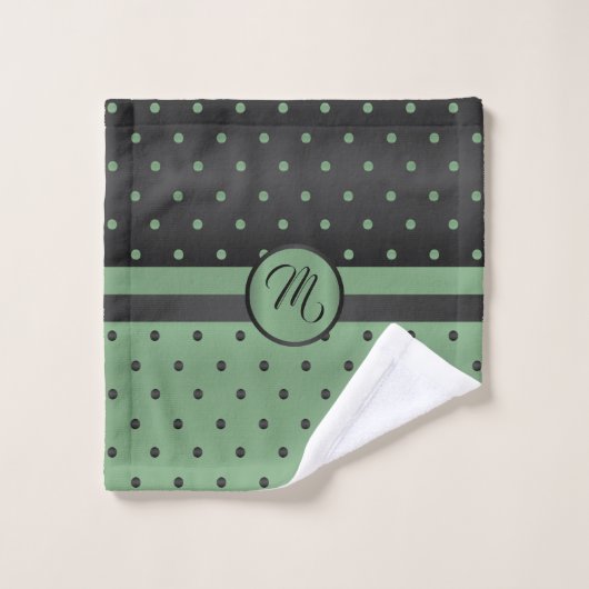 Monogram Sage Green und Black Polka Dot Pattern Badhandtuch Set (Waschlappen)