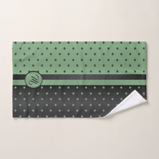 Monogram Sage Green und Black Polka Dot Pattern Badhandtuch Set (Handtuch)