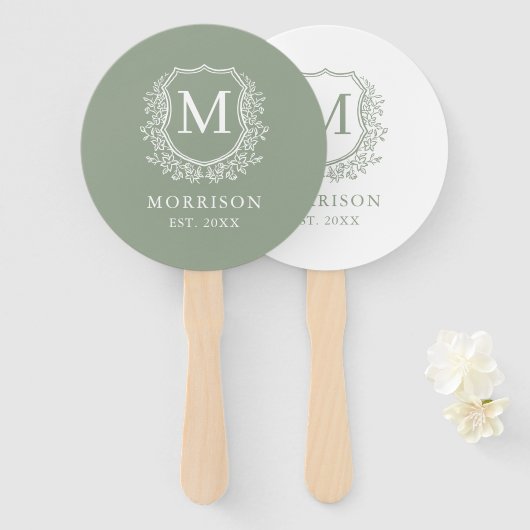 Monogram Sage Green Wappen Botanical Wedding Fächer (Vorne und Hinten)