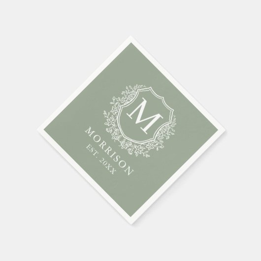 Monogram Sage Green Wappen Botanical Wedding Serviette (Ecke)
