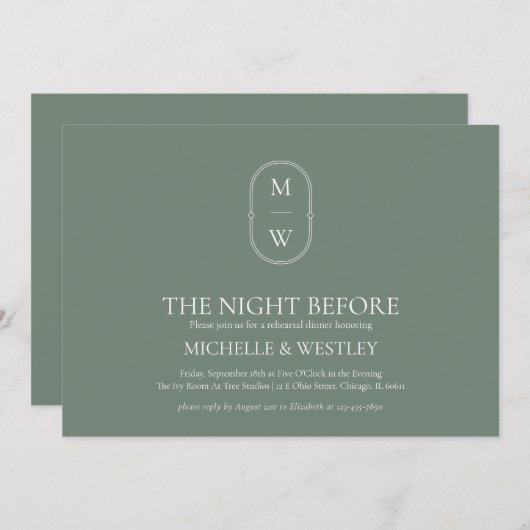 Monogram Sage Green Wedding Probe Dinner Einladung (Vorne/Hinten)