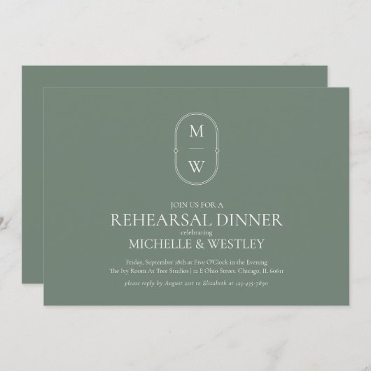 Monogram Sage Green Wedding Probe Dinner Einladung (Vorne/Hinten)