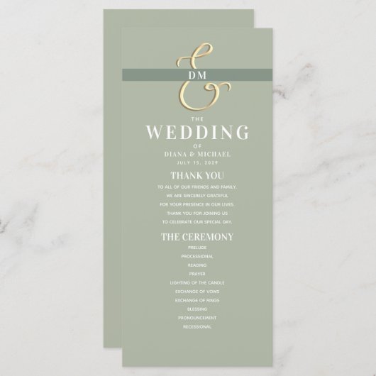 Monogram Sage Green Wedding Program (Vorne/Hinten)