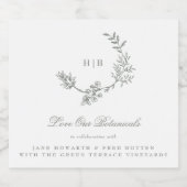 Monogram Sage Green Wreath Classic Wedding Gin Alkoholflaschenetikett (Einzelnes Label)