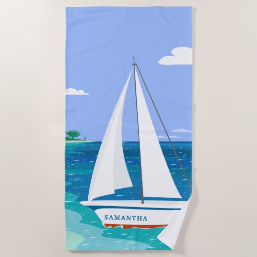 Monogram Sailboat Coastal Seaview Beach Handtuch (Vorderseite)