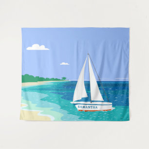 Monogram Sailboat Coastal Tropical Beach Wandteppich