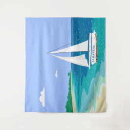 Monogram Sailboat Coastal Tropical Beach Wandteppich