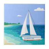 Monogram Sailboat Coastal Tropical Keramik Tile Fliese (Vorderseite)