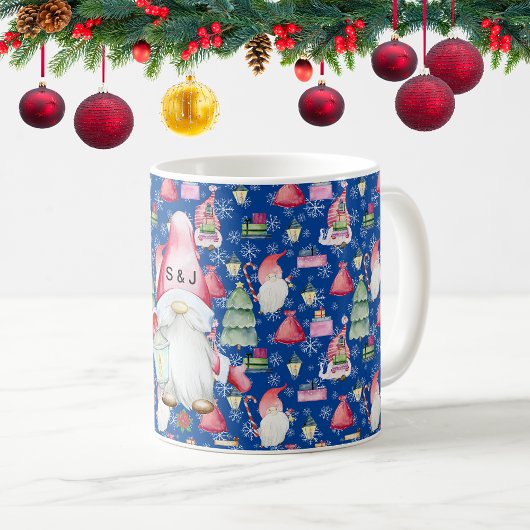Monogram Santa Gnome for Christmas Pattern Blue Kaffeetasse