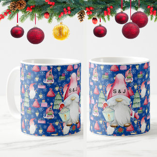 Monogram Santa Gnome for Christmas Pattern Blue Kaffeetasse