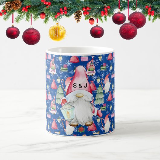 Monogram Santa Gnome for Christmas Pattern Blue Kaffeetasse
