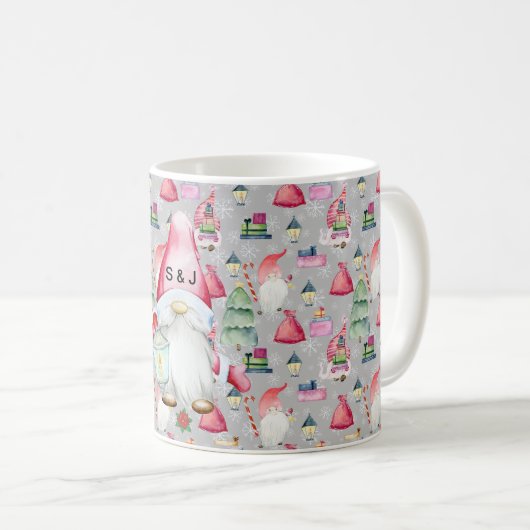 Monogram Santa Gnome for Christmas Pattern Silver Kaffeetasse (VorderseiteRechts)