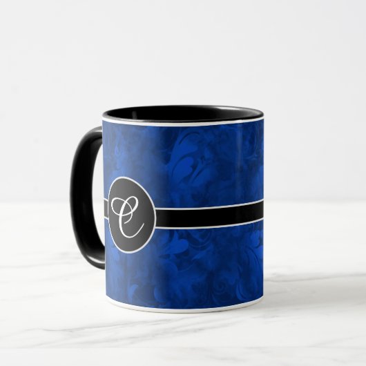 Monogram Sapphire Blue Abstrakt Fether Pattern Tasse (Vorderseite Links)