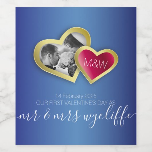 Monogram Sapphire Blue Ruby Red Valentine Foto Weinetikett (Einzelnes Label)