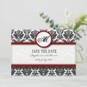 Monogram-Save the Date-Karte Burgundy Damask Save The Date (Stehend Vorderseite)
