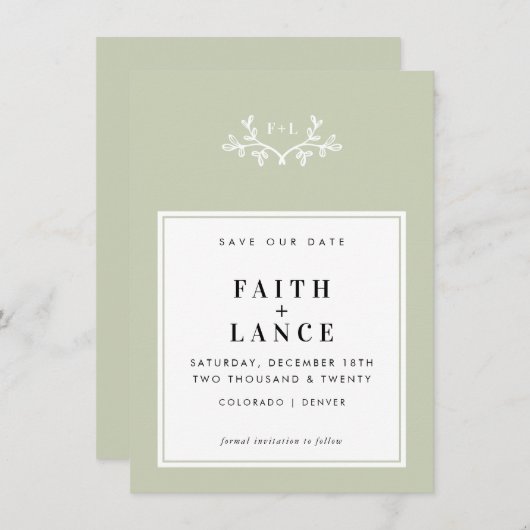 MONOGRAM SAVE THE DATE niedliches Zwiebelgrün Einladung (Vorne/Hinten)