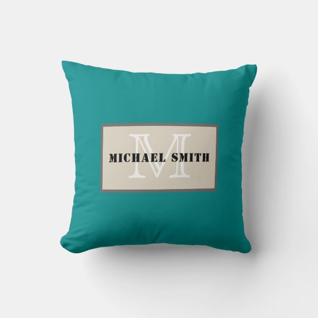 Monogram Schlicht Dark Cyan Background Kissen (Vorderseite)