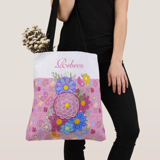 Monogram Schmetterling Blumenmuster rosa Tasche (Von Nahem)