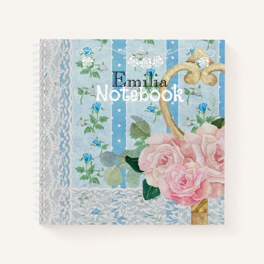 Monogram Schöne vintage Blumen Hintergrund Blau Notizblock (Vorderseite)
