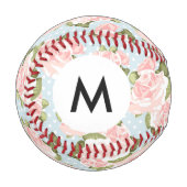 Monogram Schönes Rose Muster mit blauen Punkten Baseball (Vorderseite Links)