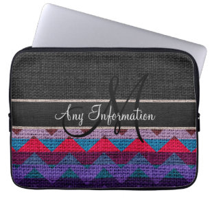 Monogram Schwarz Chevron Zickzack Jute-Burlap Laptopschutzhülle