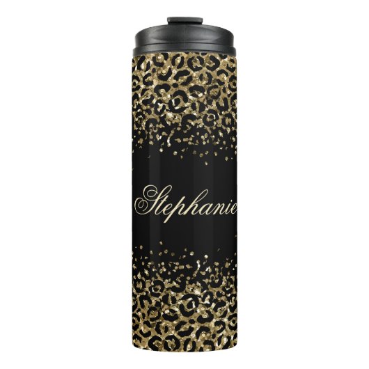 Monogram Schwarz Gold Leopardendruck Glitter-Overl Thermosbecher (Vorderseite)