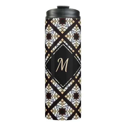 Monogram Schwarz-weiß Blue Geometric Muster Thermosbecher (Vorderseite)