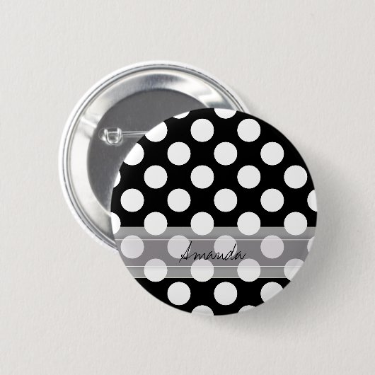 Monogram Schwarz-weiß Chic Polka Dot Muster Button (Vorne & Hinten)
