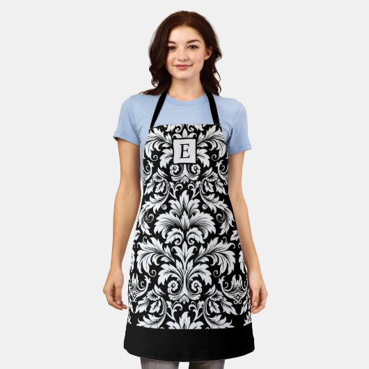 Monogram Schwarz-weiß Damask Schürze (Getragen)