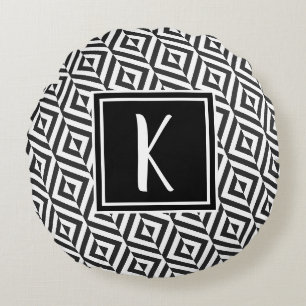 Monogram Schwarz-Weiß-Diamantmuster Rundes Kissen