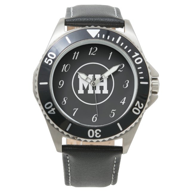 Monogram Schwarz-weiß Elegant Moderne Erstbeobacht Armbanduhr (Vorderseite)