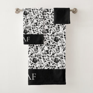 Monogram Schwarz-weiß Floral Line Kunstgeschenk Badhandtuch Set