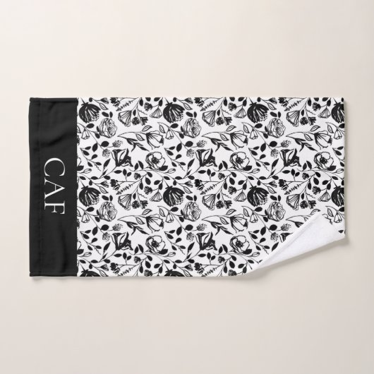 Monogram Schwarz-weiß Floral Line Kunstgeschenk Badhandtuch Set (Handtuch)