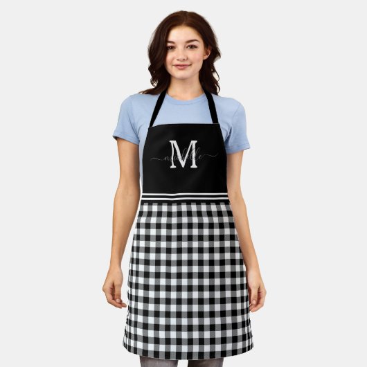 Monogram Schwarz-weiß Gingham Gingham Graue Bezeic Schürze (Getragen)