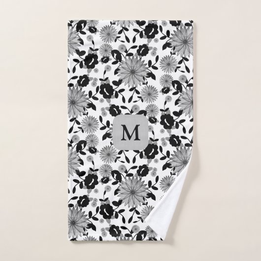 Monogram Schwarz-weiß Grau-Blume-Design Handtuch (Handtuch)