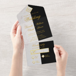 Monogram Schwarz-weiß Marble Imitate Gold Foil Hoc All In One Einladung