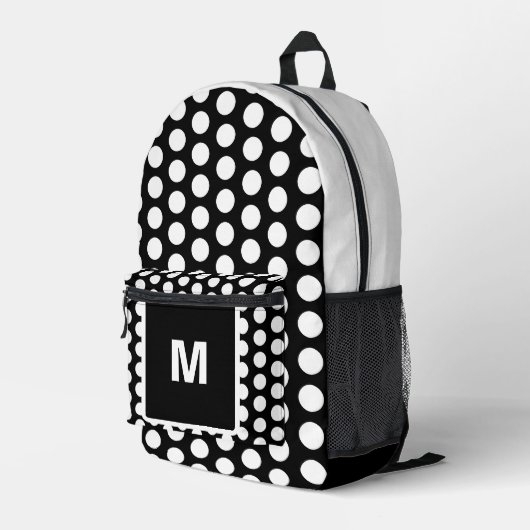 Monogram Schwarz-weiß Polka Dots Bedruckter Rucksack (Rückseitige Ecke Rechts)