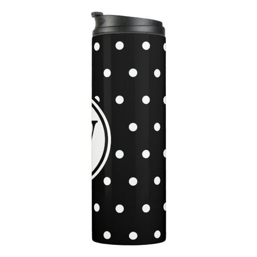 Monogram Schwarz-weiß Polka Dots Thermosbecher (Nach rechts gedreht)