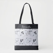 Monogram Schwarz-weiß Silver Grey Floral Blätter Tasche (Vorderseite)