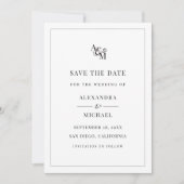 Monogram Schwarz-weiß Simple Elegante Moderne Hoch Save The Date (Vorderseite)