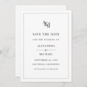 Monogram Schwarz-weiß Simple Elegante Moderne Hoch Save The Date (Vorne/Hinten)