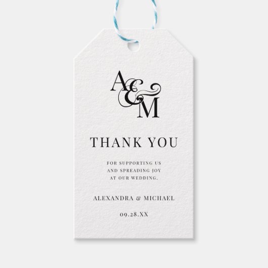 Monogram Schwarz-weiß Simple Wedding Danke Geschenkanhänger (Vorderseite)