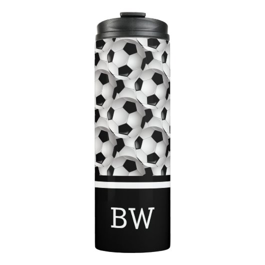 Monogram Schwarz-weiß Soccer Ball Muster Thermosbecher (Vorderseite)