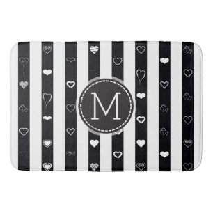 Monogram Schwarz-weiß Stripes Modernes Herzmuster Badematte
