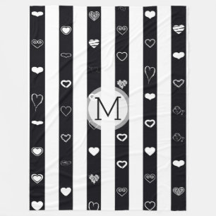 Monogram Schwarz-weiß Stripes Modernes Herzmuster Fleecedecke